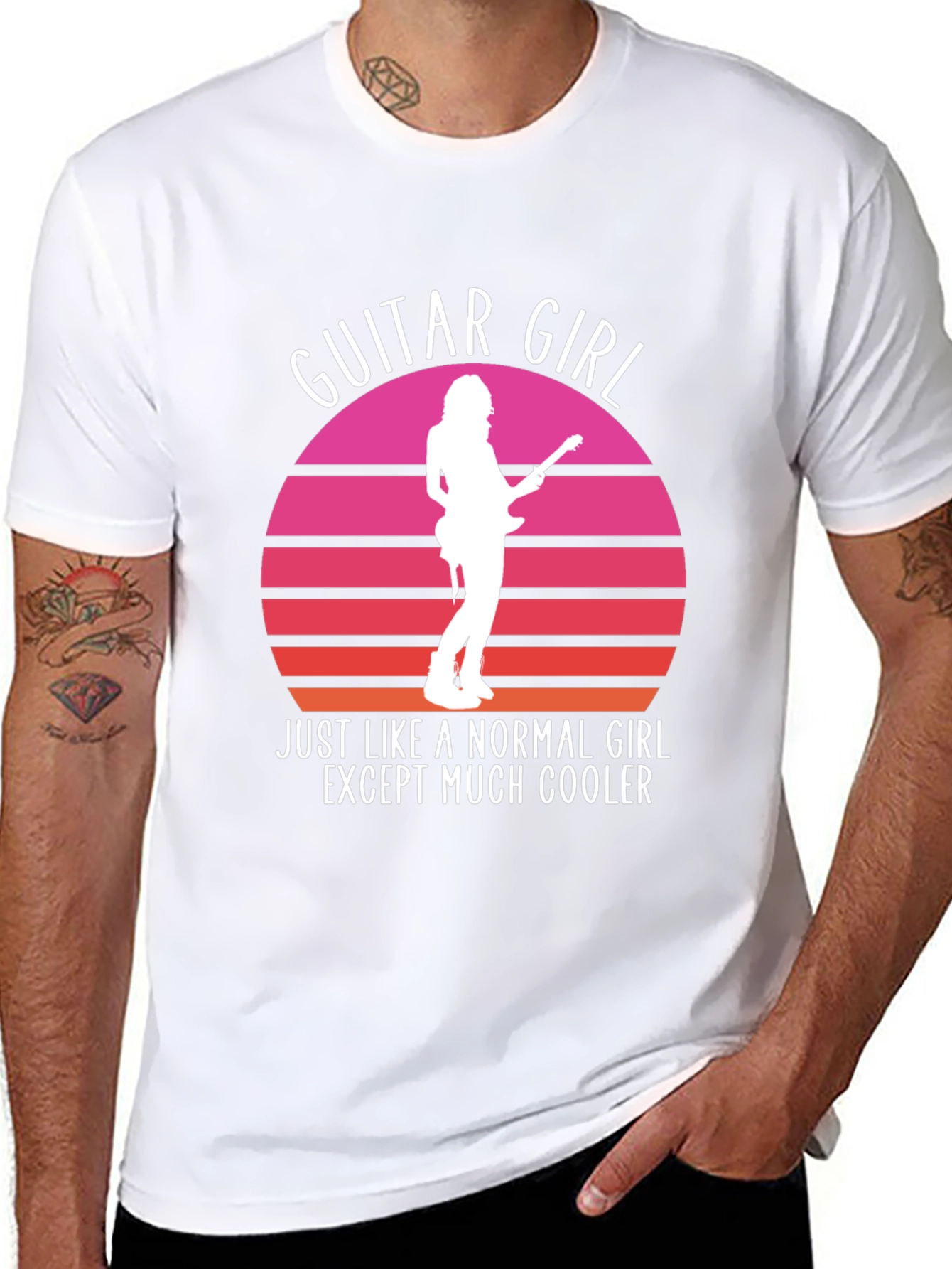 Guitar Girl Cool Retro Sunset T-Shirt