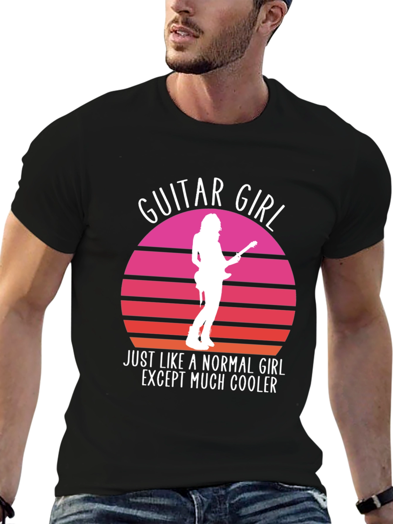 Guitar Girl Cool Retro Sunset T-Shirt