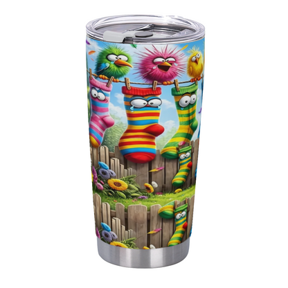 Funny Cartoon Birds & Striped Socks Fence Whimsical Tumbler