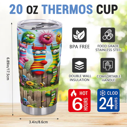 Funny Cartoon Birds & Striped Socks Fence Whimsical Tumbler