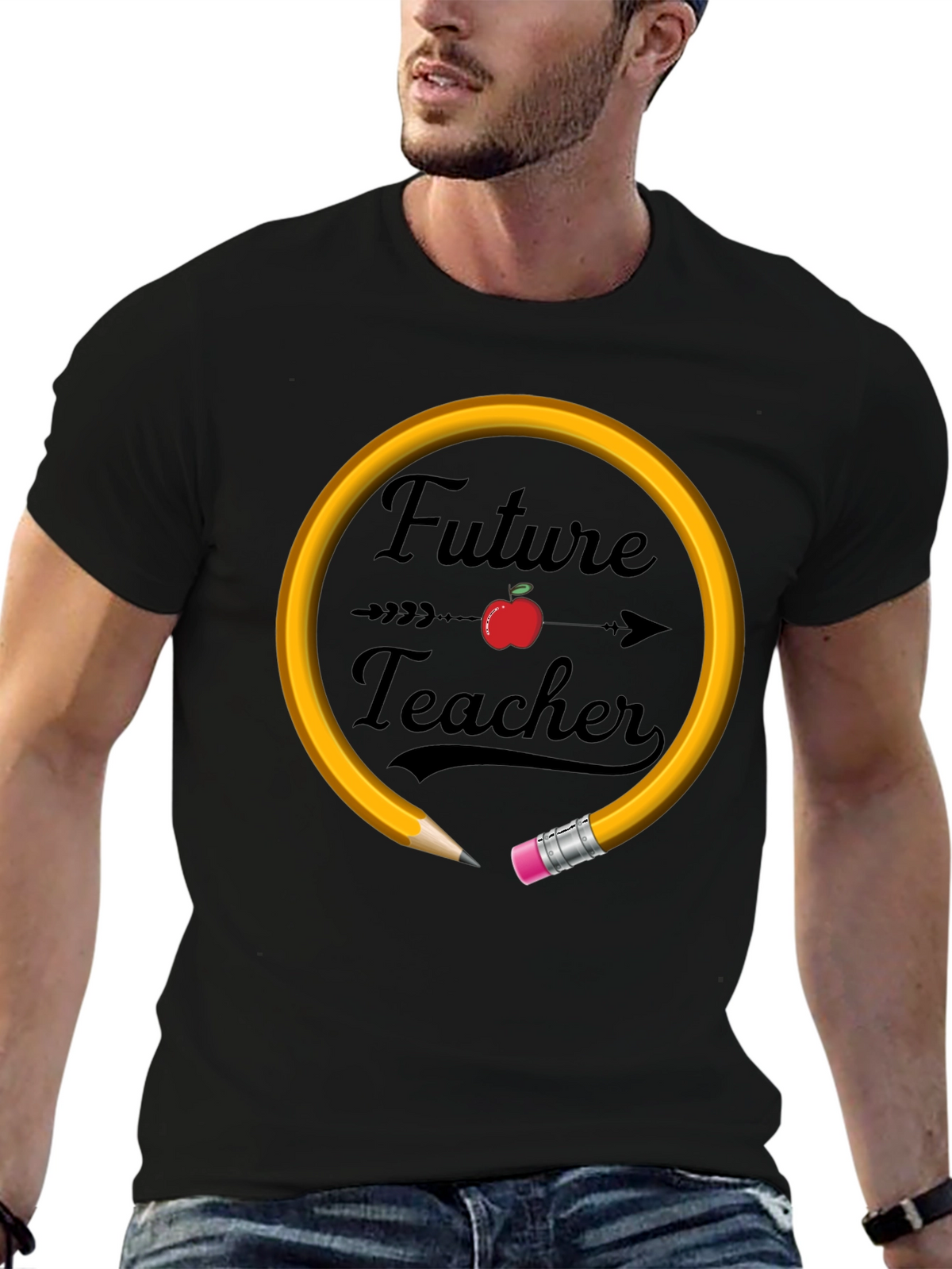 Future Teacher T-Shirt Apple Pencil Design Unisex Black Tee