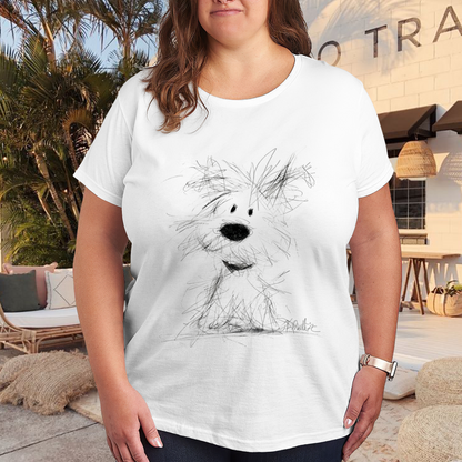 Messy Sketch Fluffy Puppy Art Plus Size Ladies Casual Tee