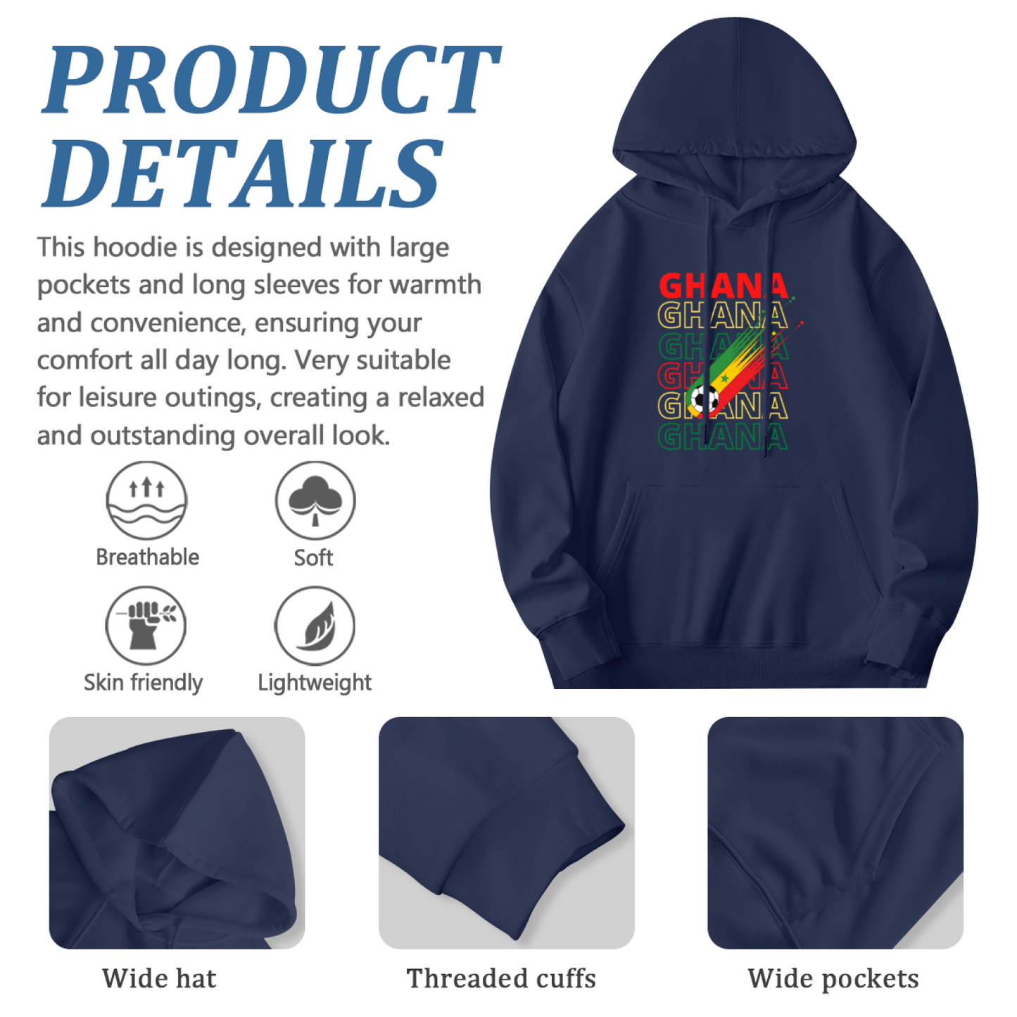 Ghana Football Flag Navy Hoodie, Unisex Sporty Comfort Sweatshirt