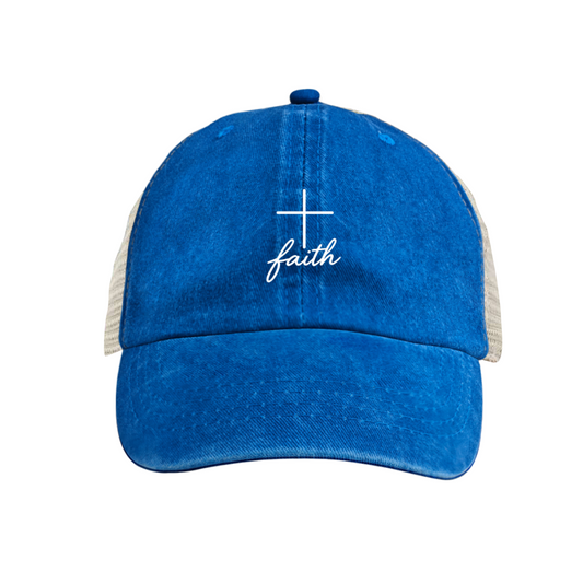 Faith Script Simple Cross Royal Blue Vintage Washed Mesh Christian Cap