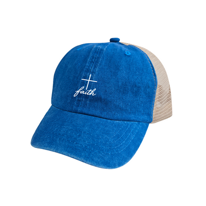 Faith Script Simple Cross Royal Blue Vintage Washed Mesh Christian Cap