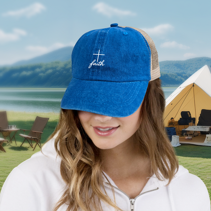 Faith Script Simple Cross Royal Blue Vintage Washed Mesh Christian Cap