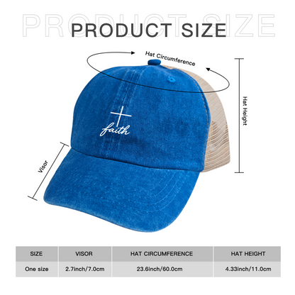 Faith Script Simple Cross Royal Blue Vintage Washed Mesh Christian Cap