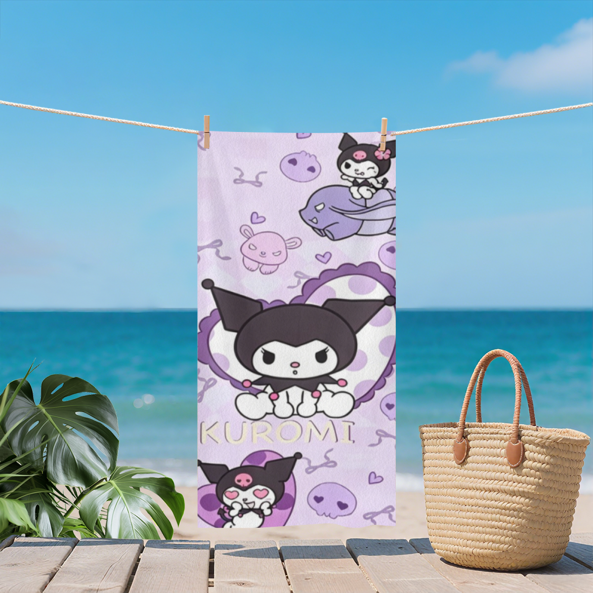 Popular Kuromi Cartoon Beach Towel, Ultra Soft, Comfortable and High Water Absorption, Perfect for Beach Days