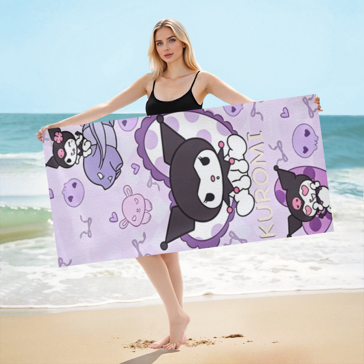 Popular Kuromi Cartoon Beach Towel, Ultra Soft, Comfortable and High Water Absorption, Perfect for Beach Days