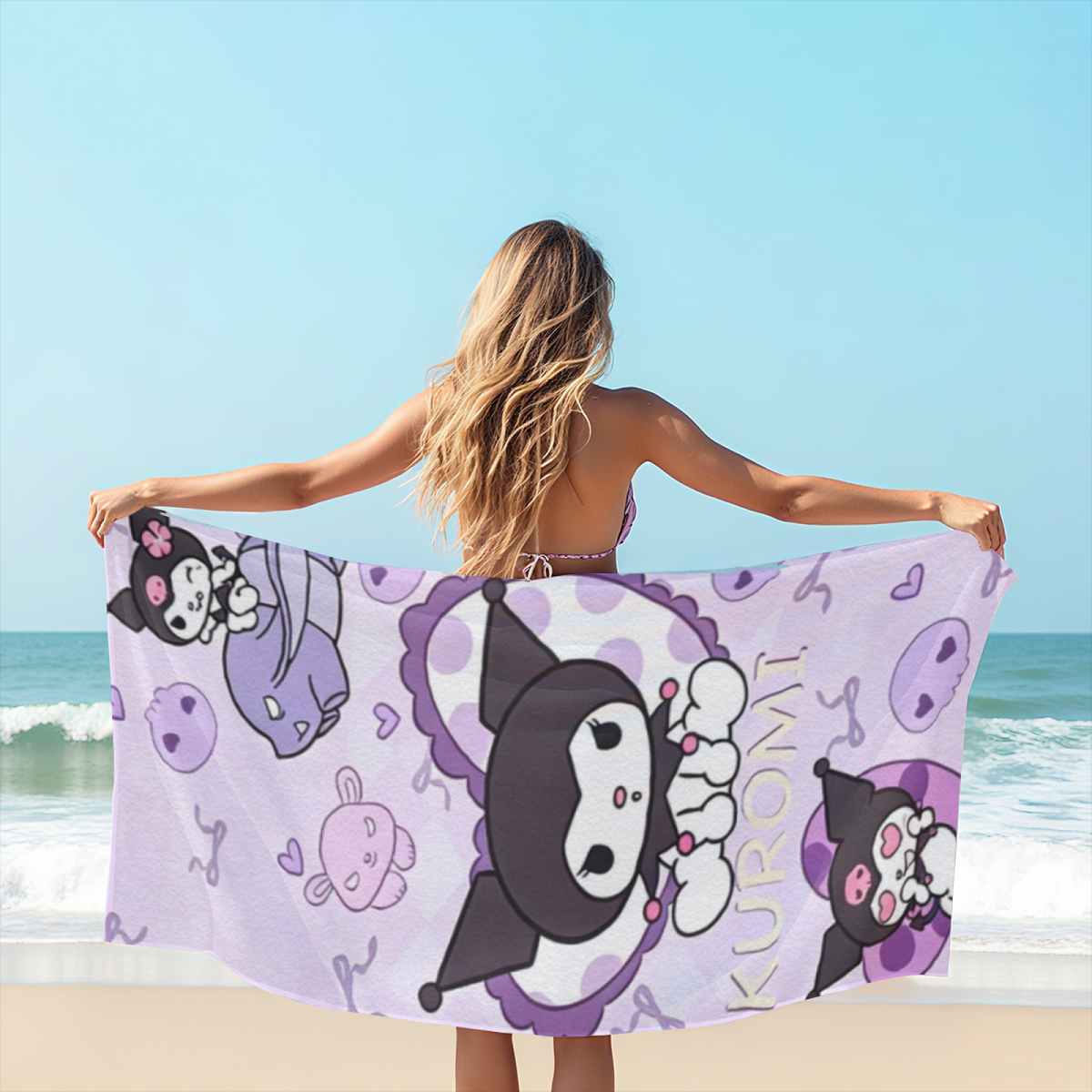 Popular Kuromi Cartoon Beach Towel, Ultra Soft, Comfortable and High Water Absorption, Perfect for Beach Days
