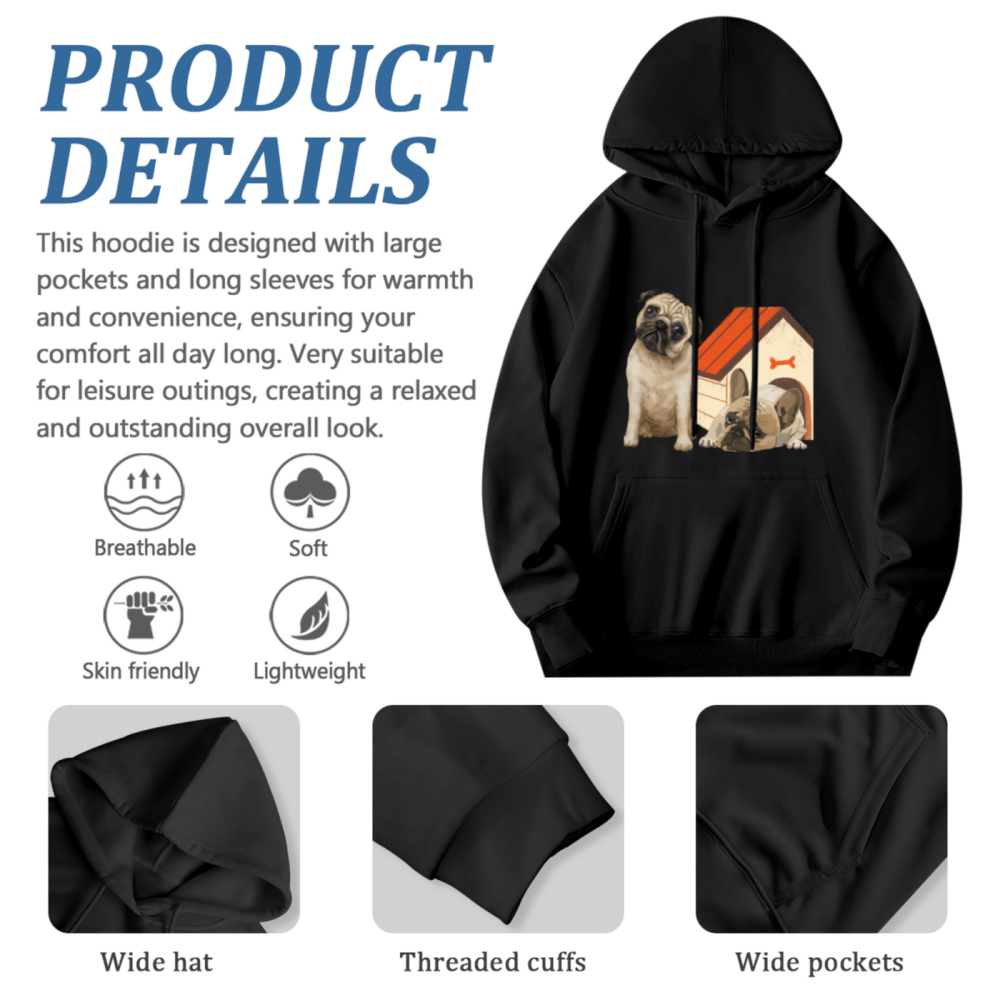 Two Cute Pugs Pet Lover Cozy Black Hoodie, Daily Relax Top