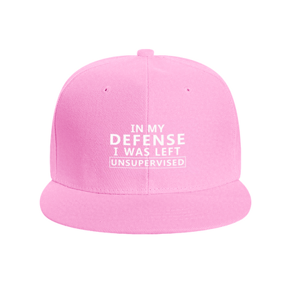 In My Defense I Was Left Unsupervised Red Flat Brim Snapback Sun Hat, Funny Sassy Quote Cap