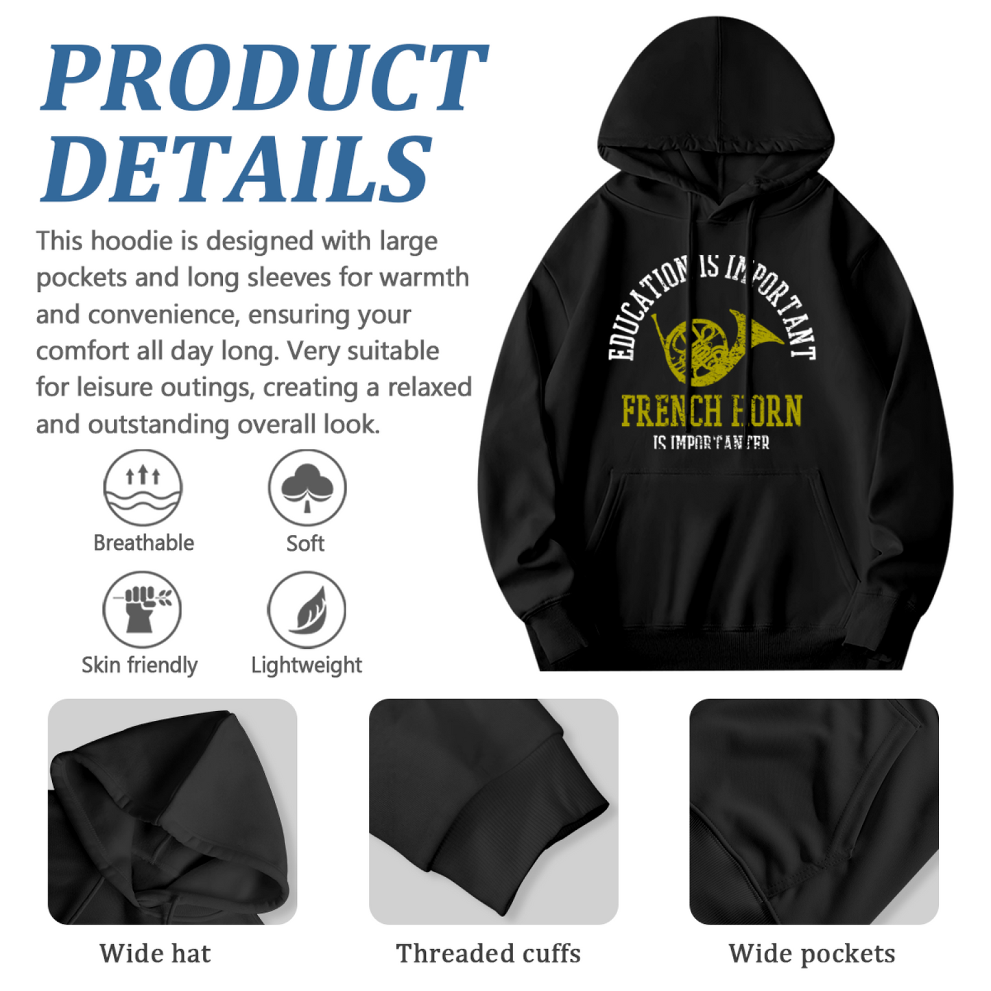 French Horn Music Lover Black Hoodie, Comfortable Band Student Casual Hoodie