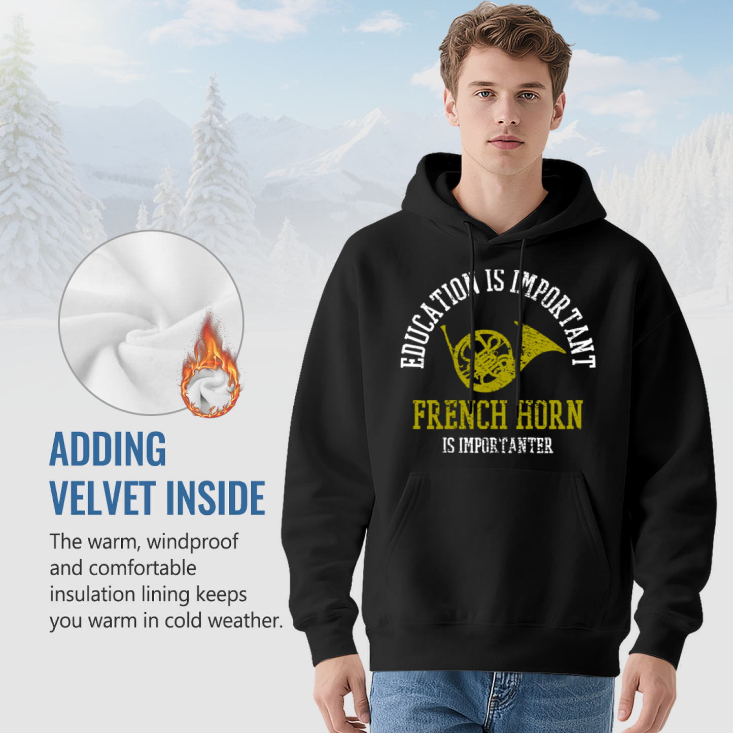 French Horn Music Lover Black Hoodie, Comfortable Band Student Casual Hoodie