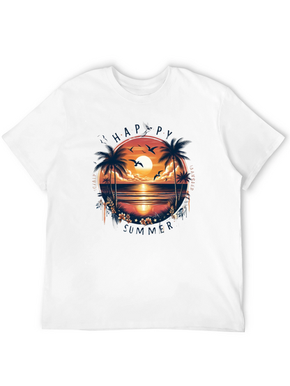 Happy Summer Palm Tree Graphic Black T-Shirt
