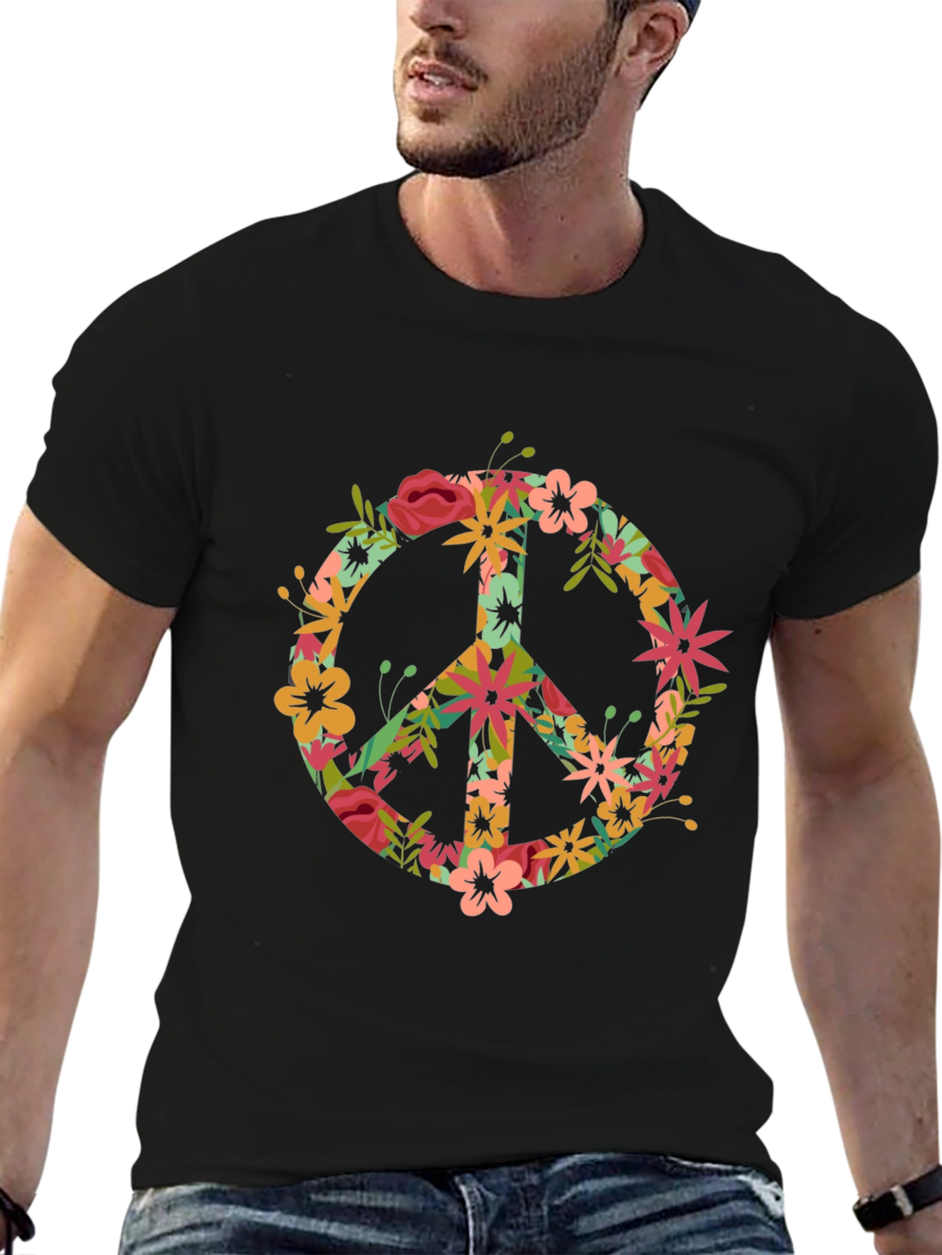 Floral Peace Sign Black T-Shirt