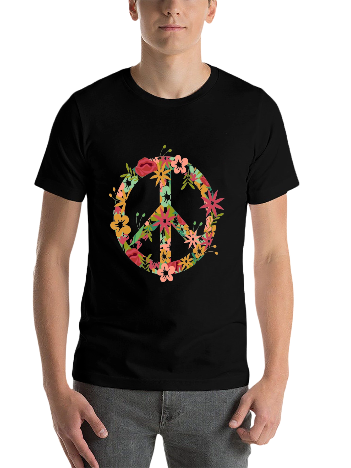 Floral Peace Sign Black T-Shirt