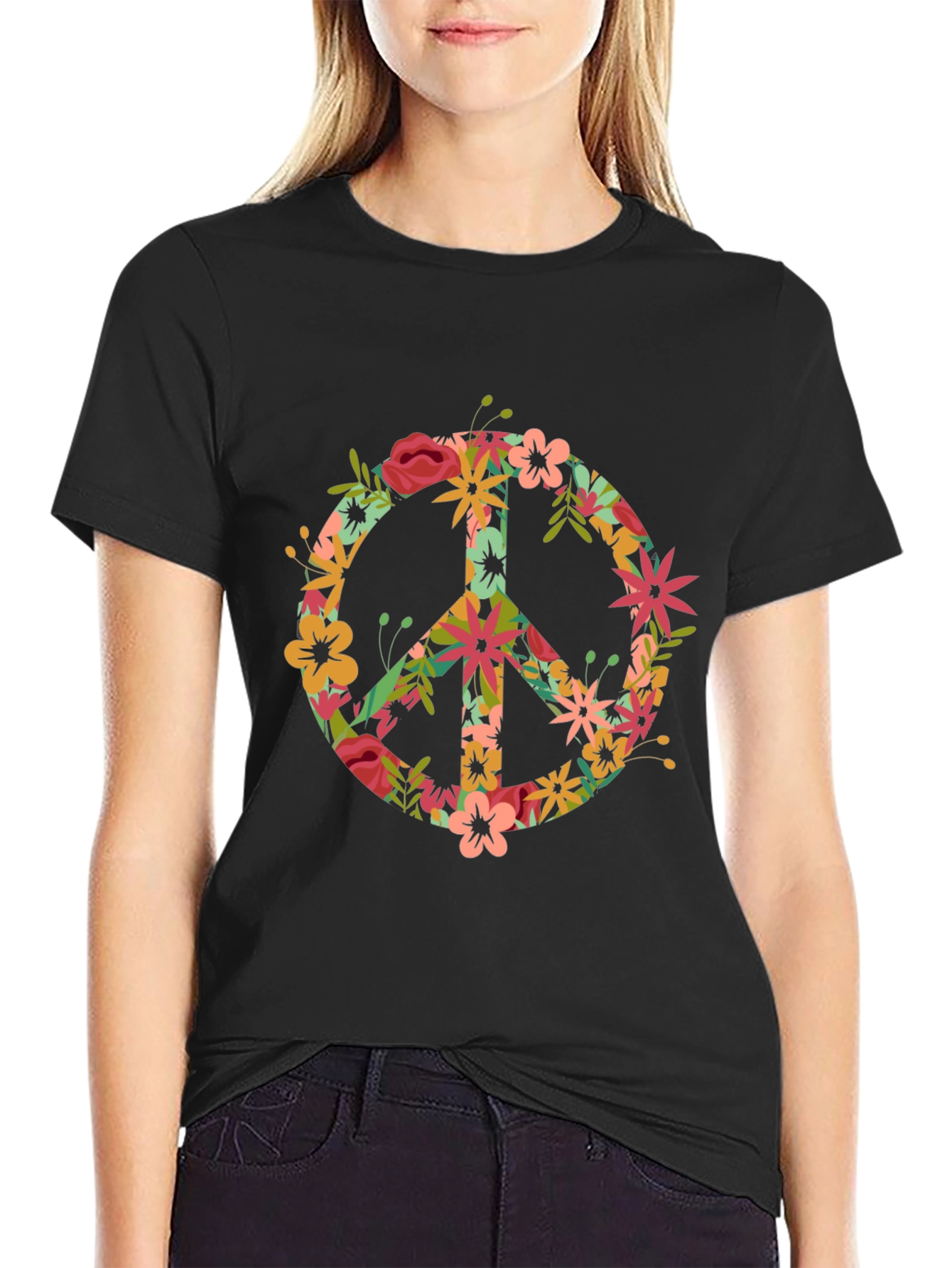 Floral Peace Sign Black T-Shirt