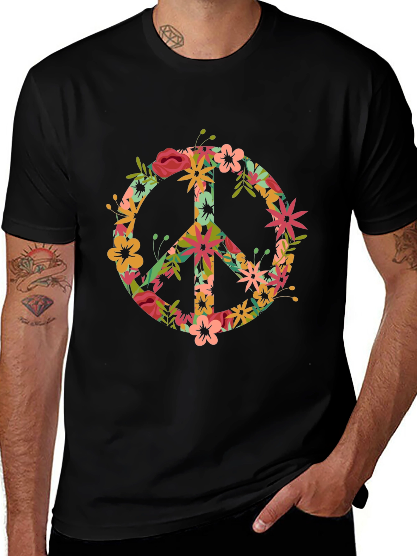 Floral Peace Sign Black T-Shirt
