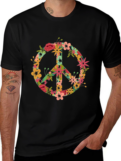 Floral Peace Sign Black T-Shirt