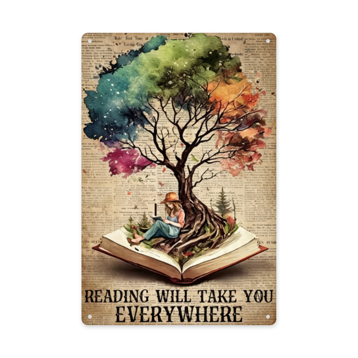 Watercolor Tree Reading Will Take You Everywhere Book Tin Sign