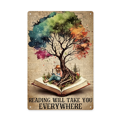 Watercolor Tree Reading Will Take You Everywhere Book Tin Sign