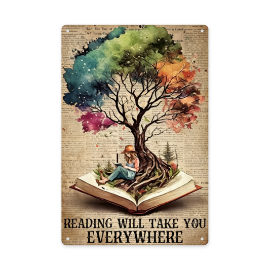 Watercolor Tree Reading Will Take You Everywhere Book Tin Sign