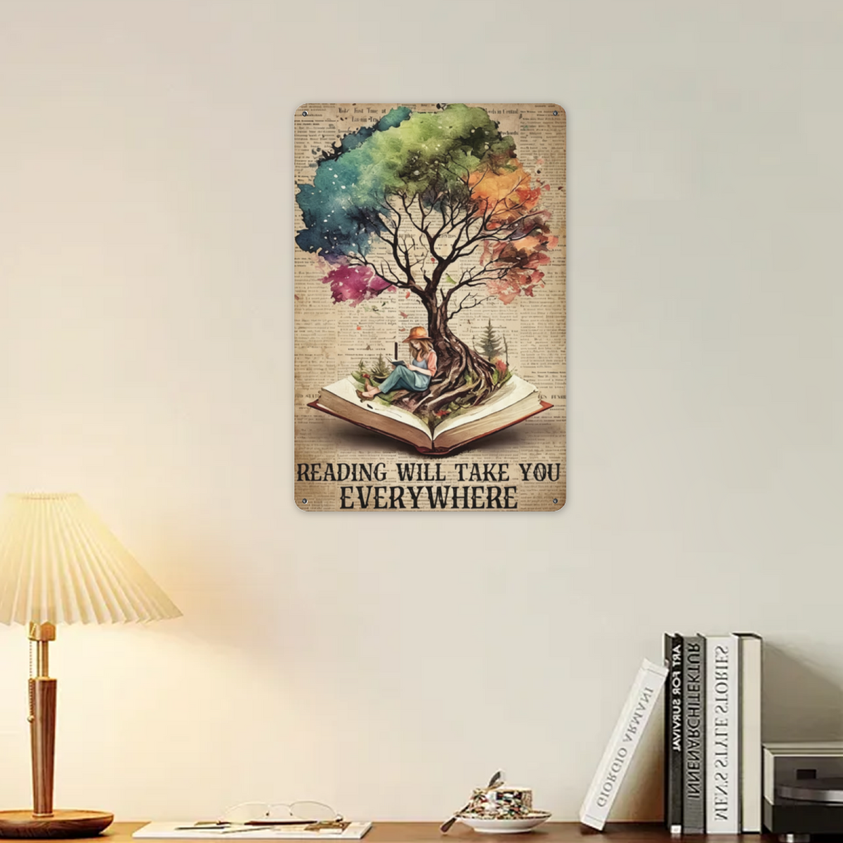 Watercolor Tree Reading Will Take You Everywhere Book Tin Sign