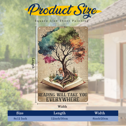 Watercolor Tree Reading Will Take You Everywhere Book Tin Sign