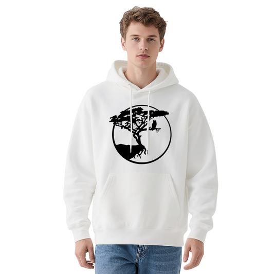 Wild Tree & Owl Circle Silhouette White Hoodie, Relaxed Nature Comfort Hoodie