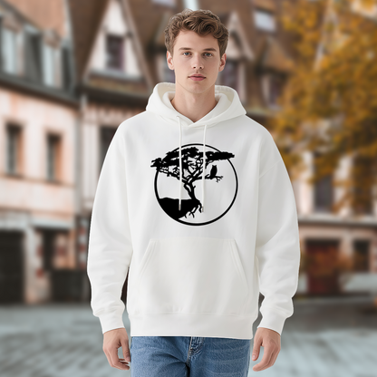 Wild Tree & Owl Circle Silhouette White Hoodie, Relaxed Nature Comfort Hoodie