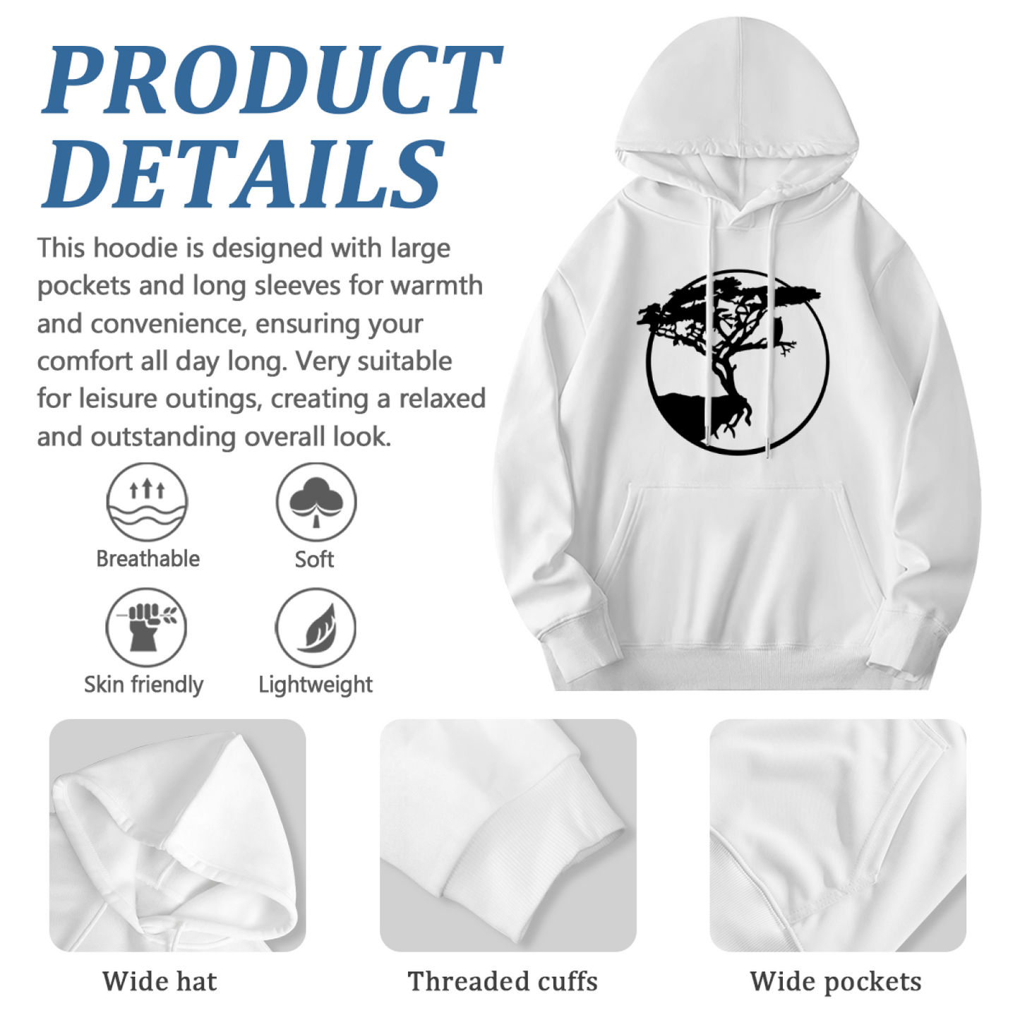 Wild Tree & Owl Circle Silhouette White Hoodie, Relaxed Nature Comfort Hoodie