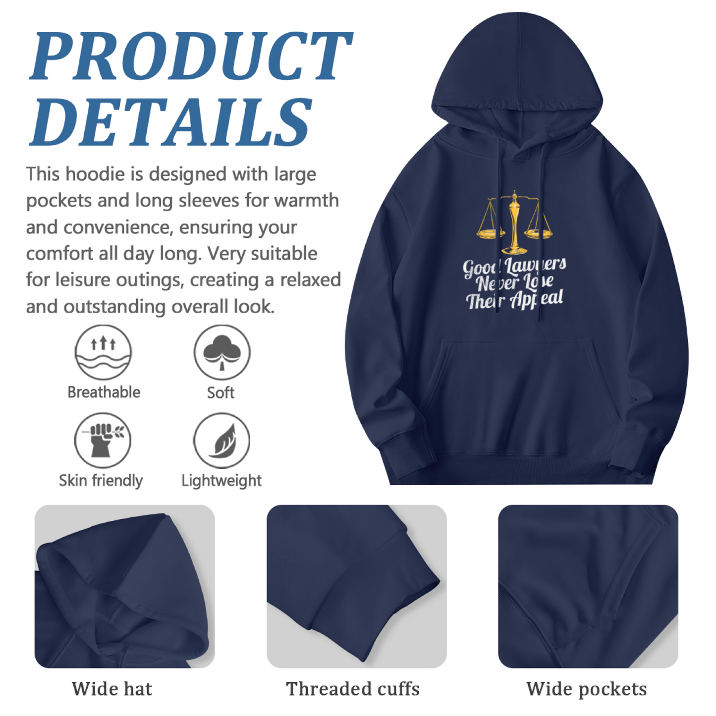 Lawyer Scale Funny Pun Slogan Navy Hoodie, Comfort Professional Casual Pullover