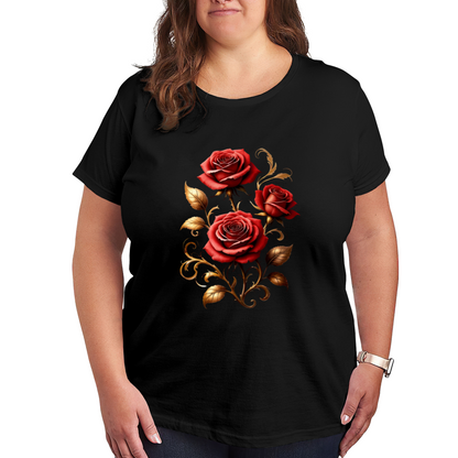 Romantic Red Rose Golden Scroll Luxury Plus Size Women Printed T-Shirt