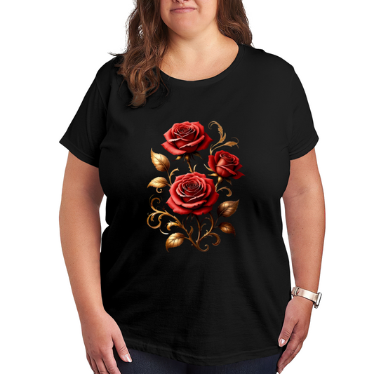 Romantic Red Rose Golden Scroll Luxury Plus Size Women Printed T-Shirt