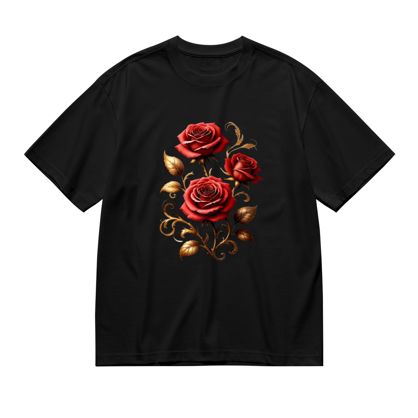 Romantic Red Rose Golden Scroll Luxury Plus Size Women Printed T-Shirt