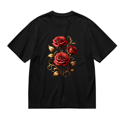 Romantic Red Rose Golden Scroll Luxury Plus Size Women Printed T-Shirt