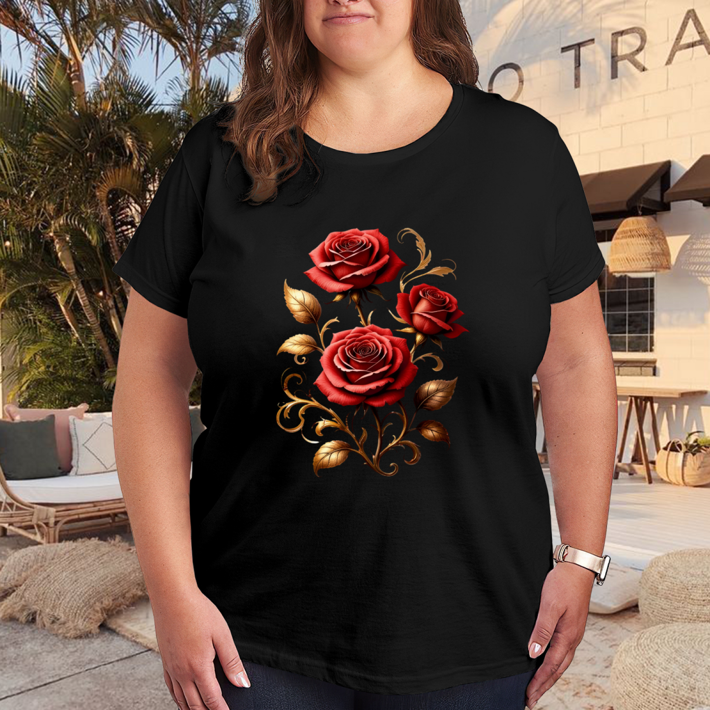 Romantic Red Rose Golden Scroll Luxury Plus Size Women Printed T-Shirt