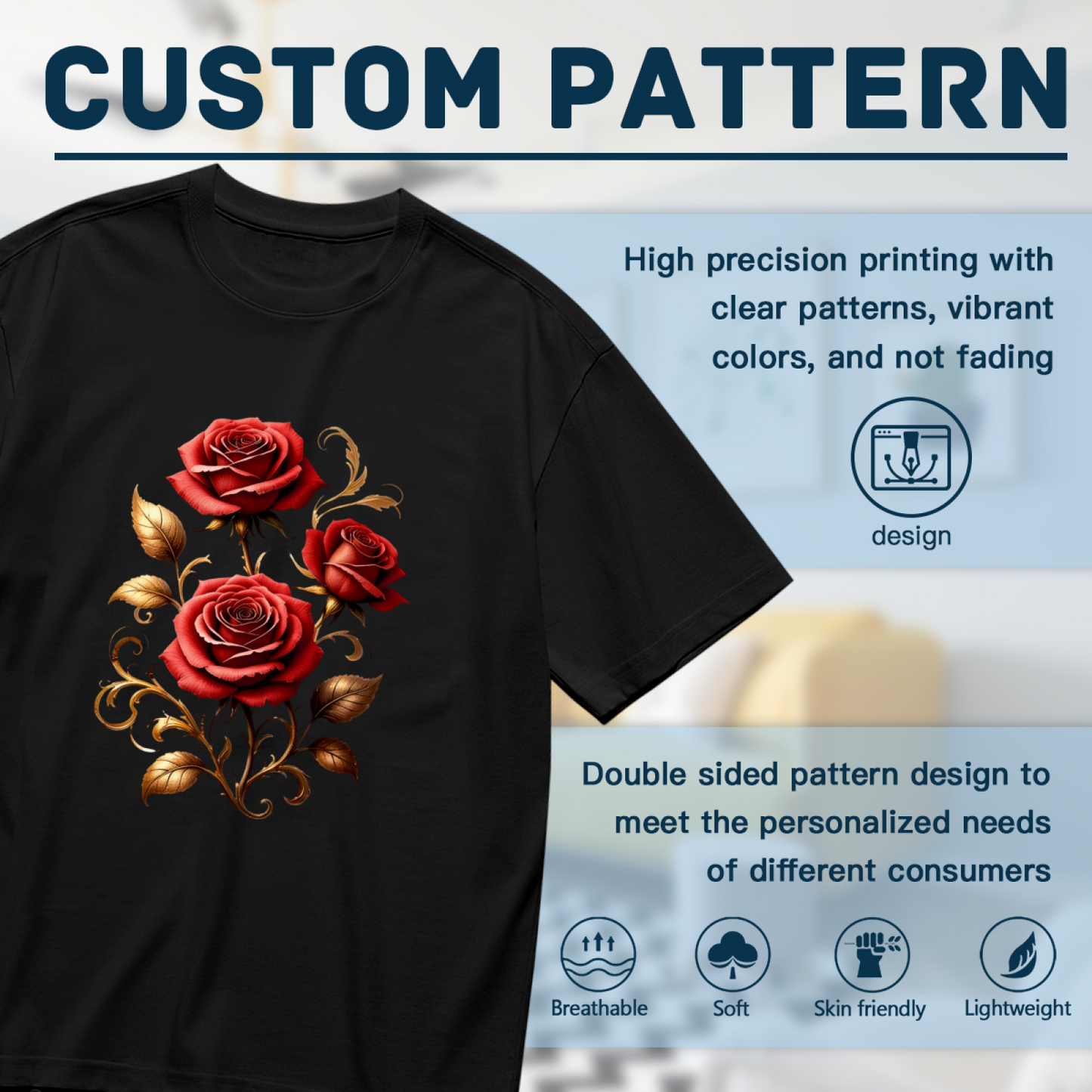 Romantic Red Rose Golden Scroll Luxury Plus Size Women Printed T-Shirt