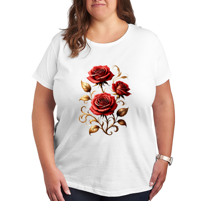 Romantic Red Rose Golden Scroll Luxury Plus Size Women Printed T-Shirt