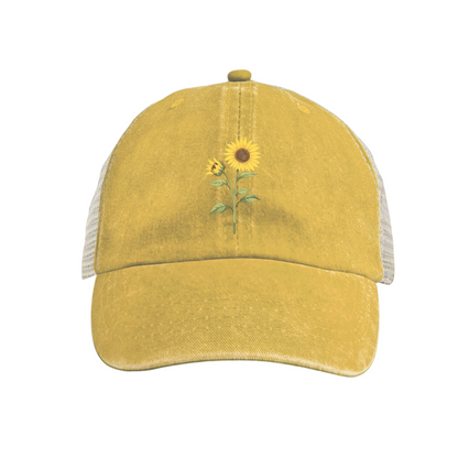 Sunflower Floral Print Royal Blue Distressed Mesh Trucker Hat, Cute Summer Garden Breathable Snapback Hat