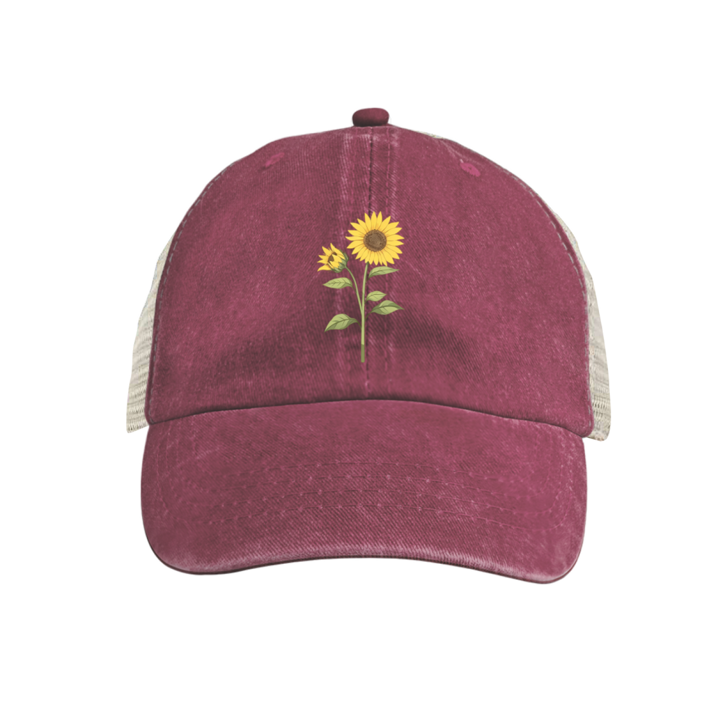 Sunflower Floral Print Royal Blue Distressed Mesh Trucker Hat, Cute Summer Garden Breathable Snapback Hat