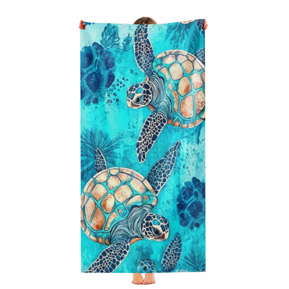 Realistic Watercolor Sea Turtle Seabed Print Beach Towel, Complete Size Selection, Incredibly Soft, Rapid Water Absorbent & Premium Comfort for Outdoor Leisure