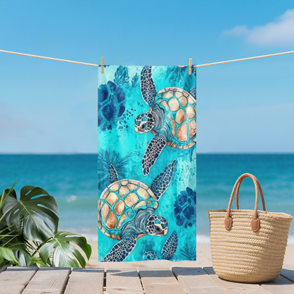 Realistic Watercolor Sea Turtle Seabed Print Beach Towel, Complete Size Selection, Incredibly Soft, Rapid Water Absorbent & Premium Comfort for Outdoor Leisure