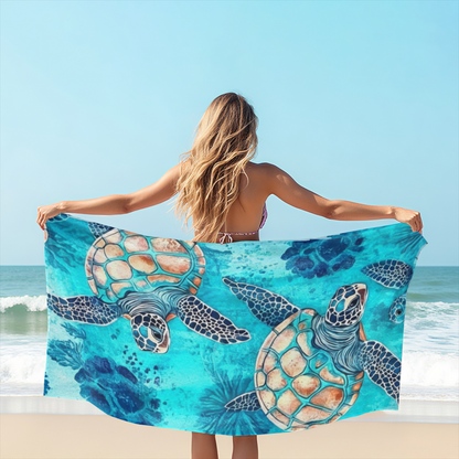 Realistic Watercolor Sea Turtle Seabed Print Beach Towel, Complete Size Selection, Incredibly Soft, Rapid Water Absorbent & Premium Comfort for Outdoor Leisure