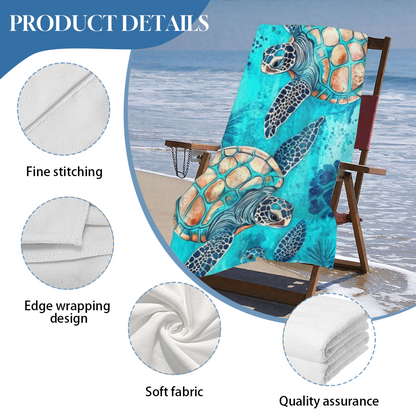 Realistic Watercolor Sea Turtle Seabed Print Beach Towel, Complete Size Selection, Incredibly Soft, Rapid Water Absorbent & Premium Comfort for Outdoor Leisure