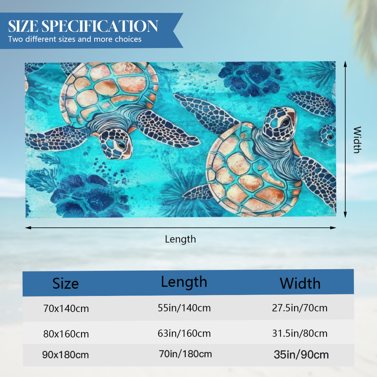 Realistic Watercolor Sea Turtle Seabed Print Beach Towel, Complete Size Selection, Incredibly Soft, Rapid Water Absorbent & Premium Comfort for Outdoor Leisure