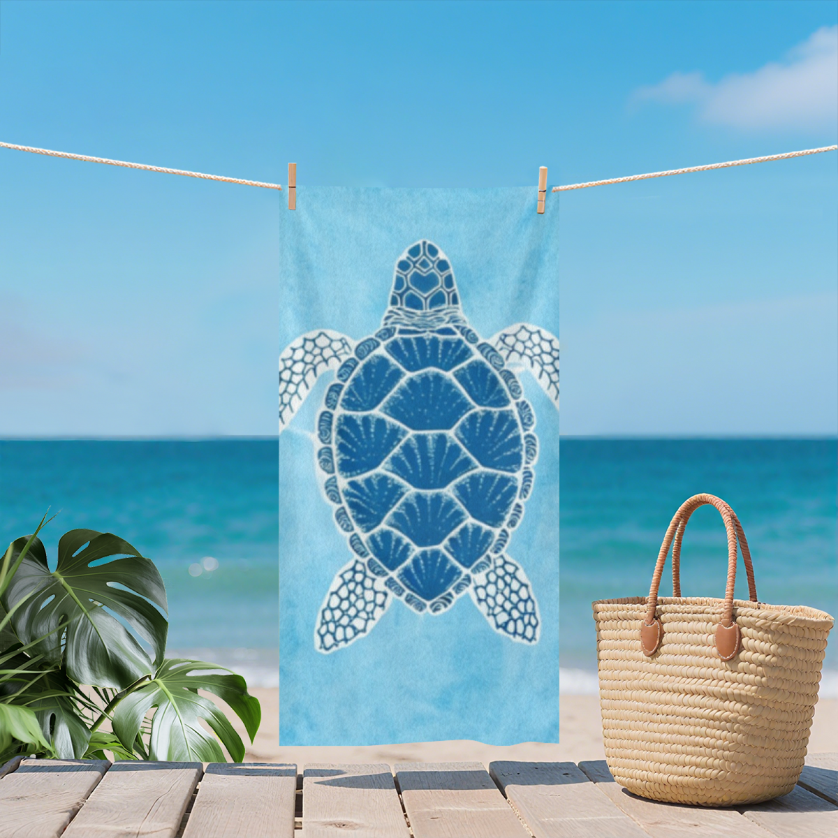 Minimal Blue Sea Turtle Coastal Beach Towel, Gentle Soft Texture, Comfortable and Quick Water Absorption
