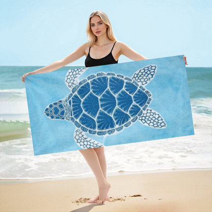 Minimal Blue Sea Turtle Coastal Beach Towel, Gentle Soft Texture, Comfortable and Quick Water Absorption