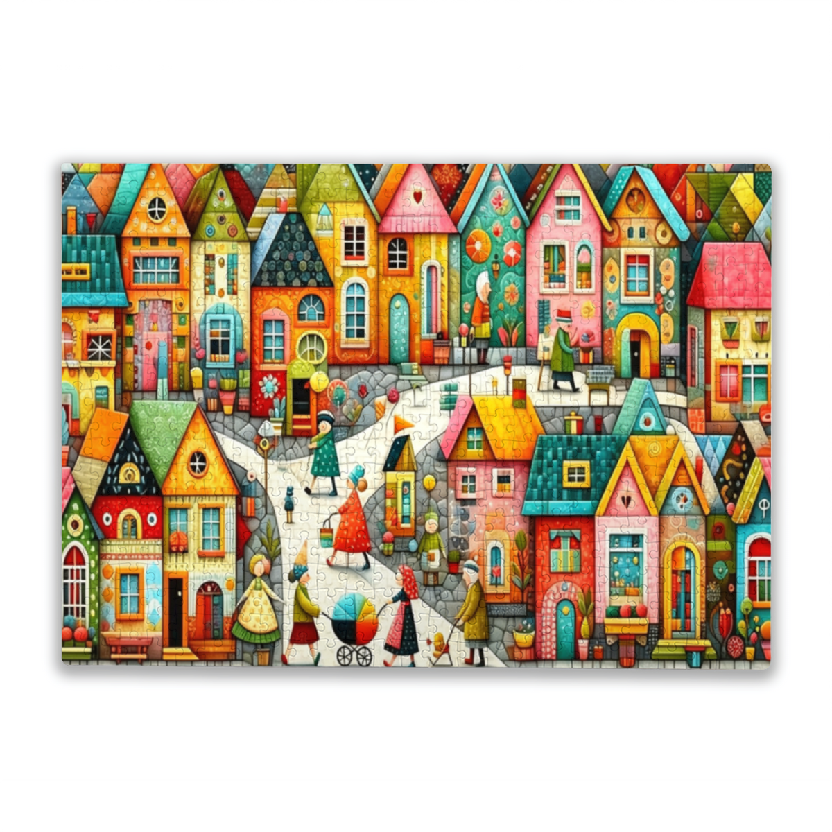 Whimsical Colorful Cartoon Town Folk Art Street View Puzzle